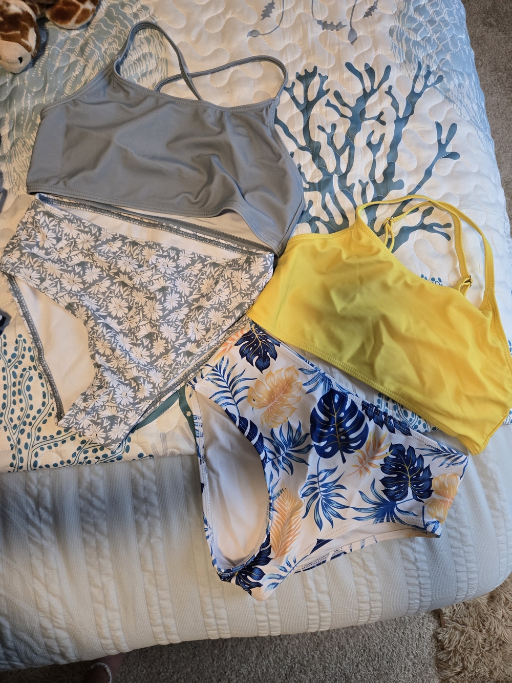 Two-Piece High-Waist Bikini Set - Yellow & Light Gray Floral Girls Size 10/12